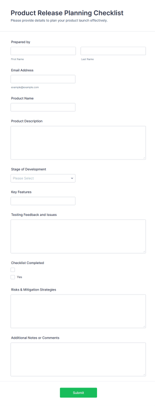Product Release Planning Checklist Form Template