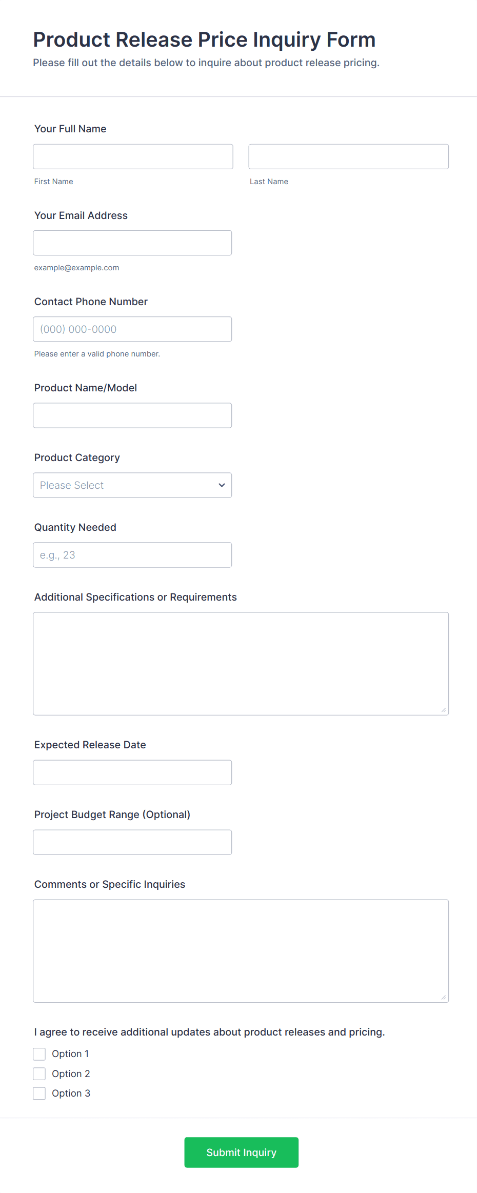 Product Release Price Inquiry Form Template | Jotform