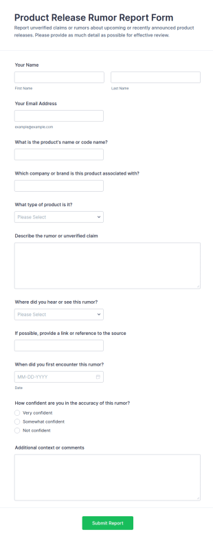 Product Release Rumor Report Form Template