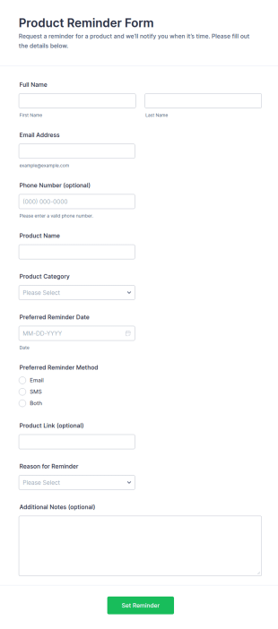 Product Reminder Form Template