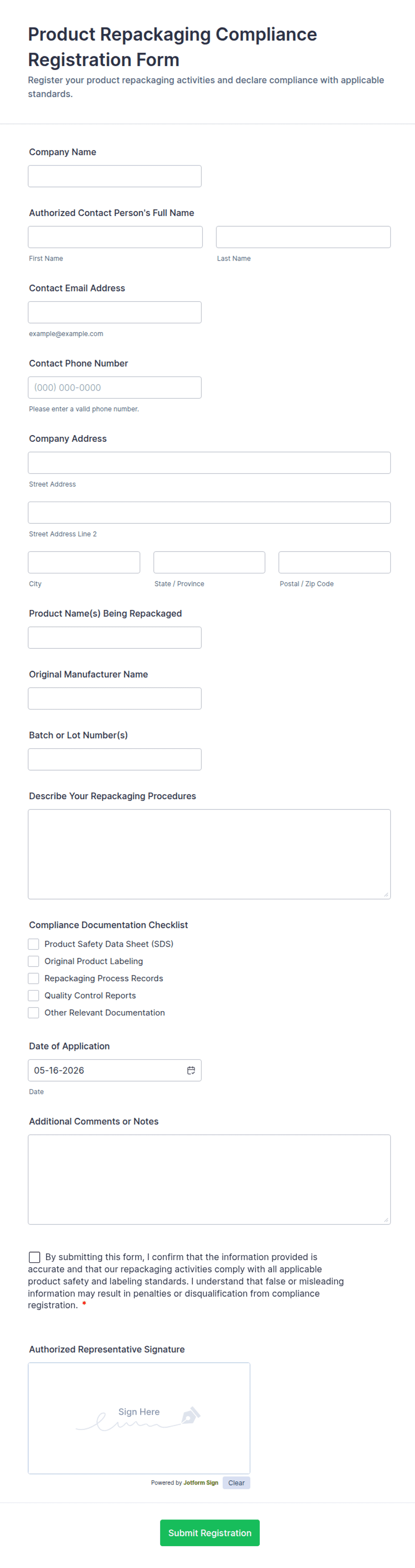 Repackaging Note Product Repackaging Compliance Registration Form Template | Jotform