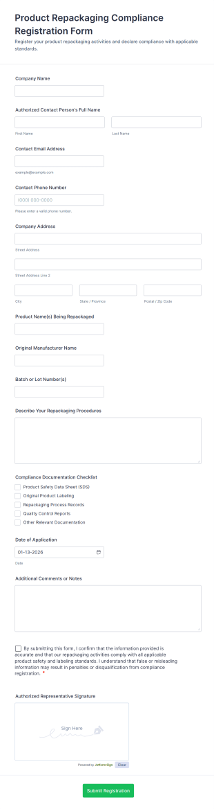 Product Repackaging Compliance Registration Form Form Template
