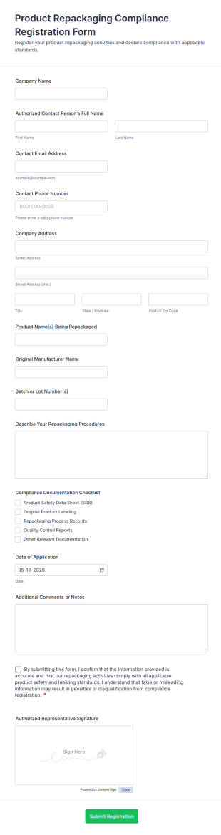 Product Repackaging Compliance Registration Form Template