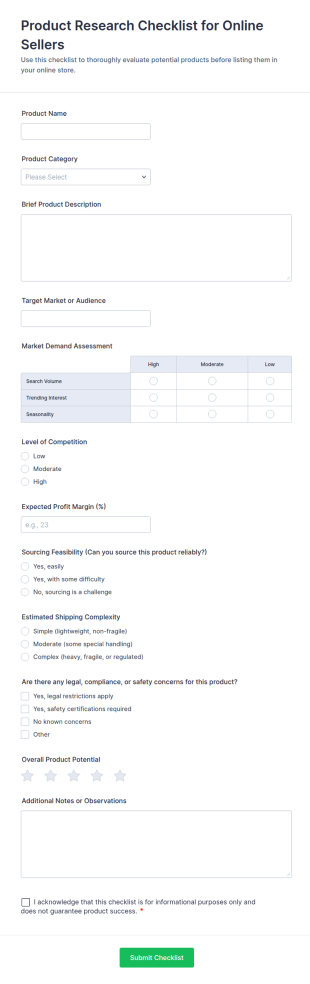 Product Research Checklist Form For Online Sellers