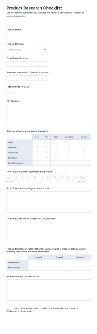 Product Research Checklist Form Template