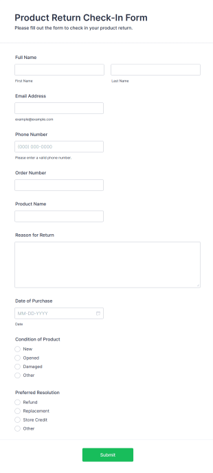 Product Return Check In Form Form Template