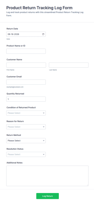 Product Return Tracking Log Form Template