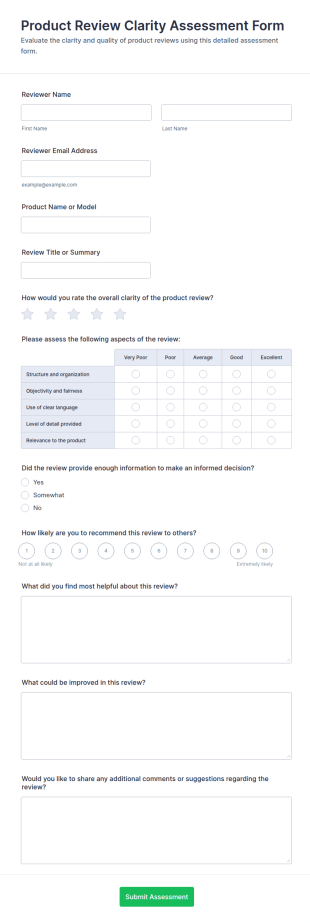Product Review Clarity Assessment Form Template