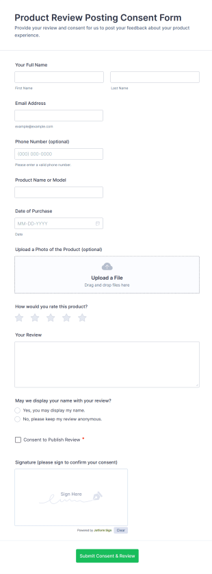 Product Review Posting Consent Form Template