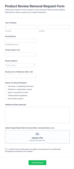 Product Review Removal Request Form Template