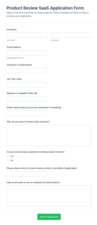 Product Review SaaS Application Form Template