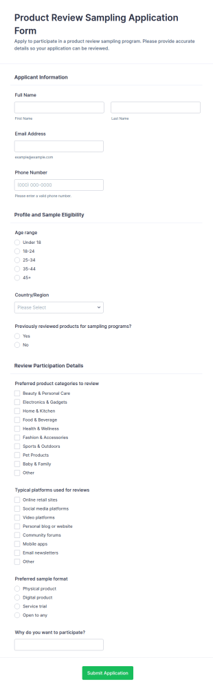 Product Review Sampling Application Form Template
