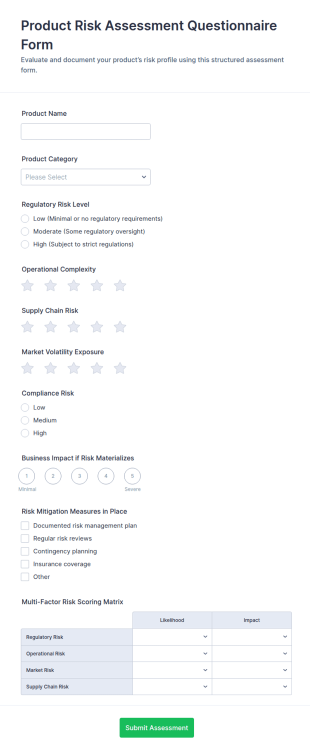 Product Risk Assessment Questionnaire Form Template