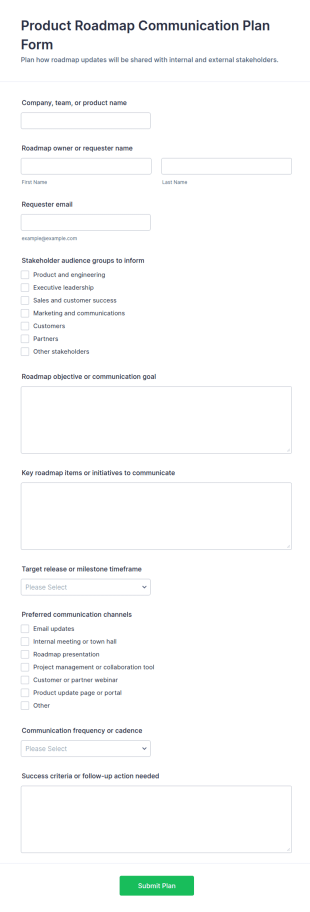 Product Roadmap Communication Plan Form Template