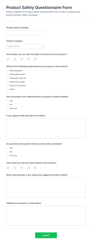 Product Safety Questionnaire Form Template