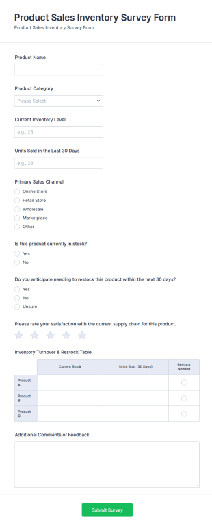 Product Sales Inventory Survey Form Template