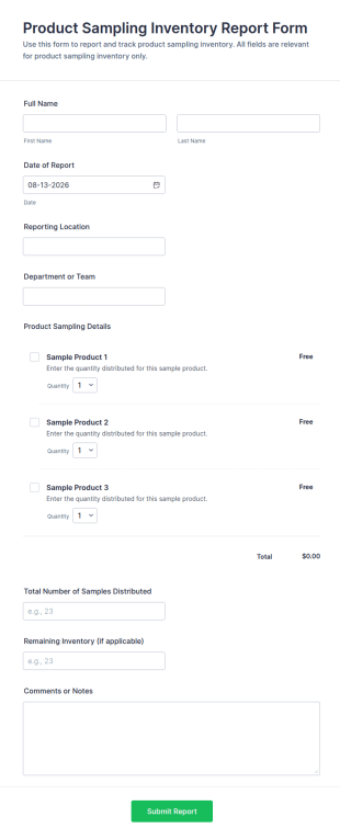 Product Sampling Inventory Report Form Template