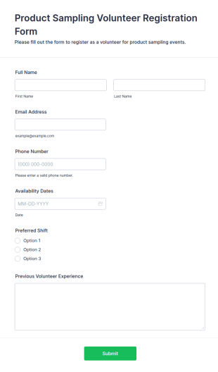 Product Sampling Volunteer Registration Form Template