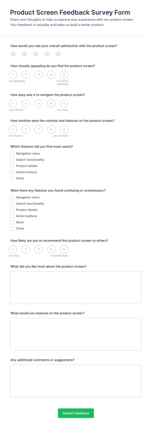 Product Screen Feedback Survey Form Template