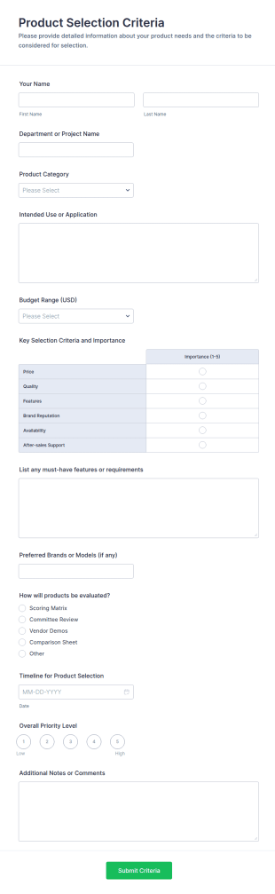 Product Selection Criteria Form Template