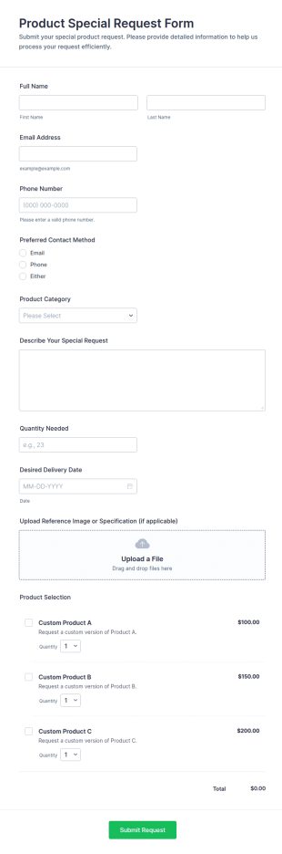 Product Special Request Form Template