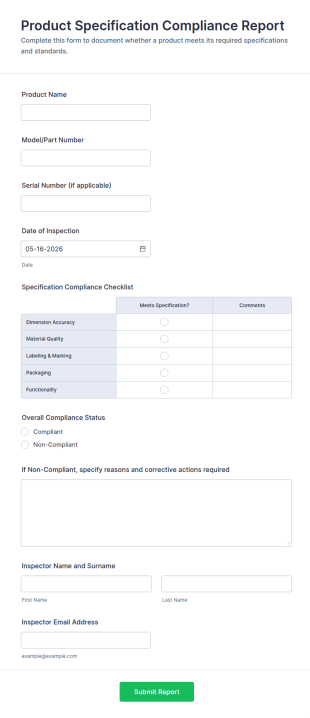 Product Specification Compliance Report Form Template