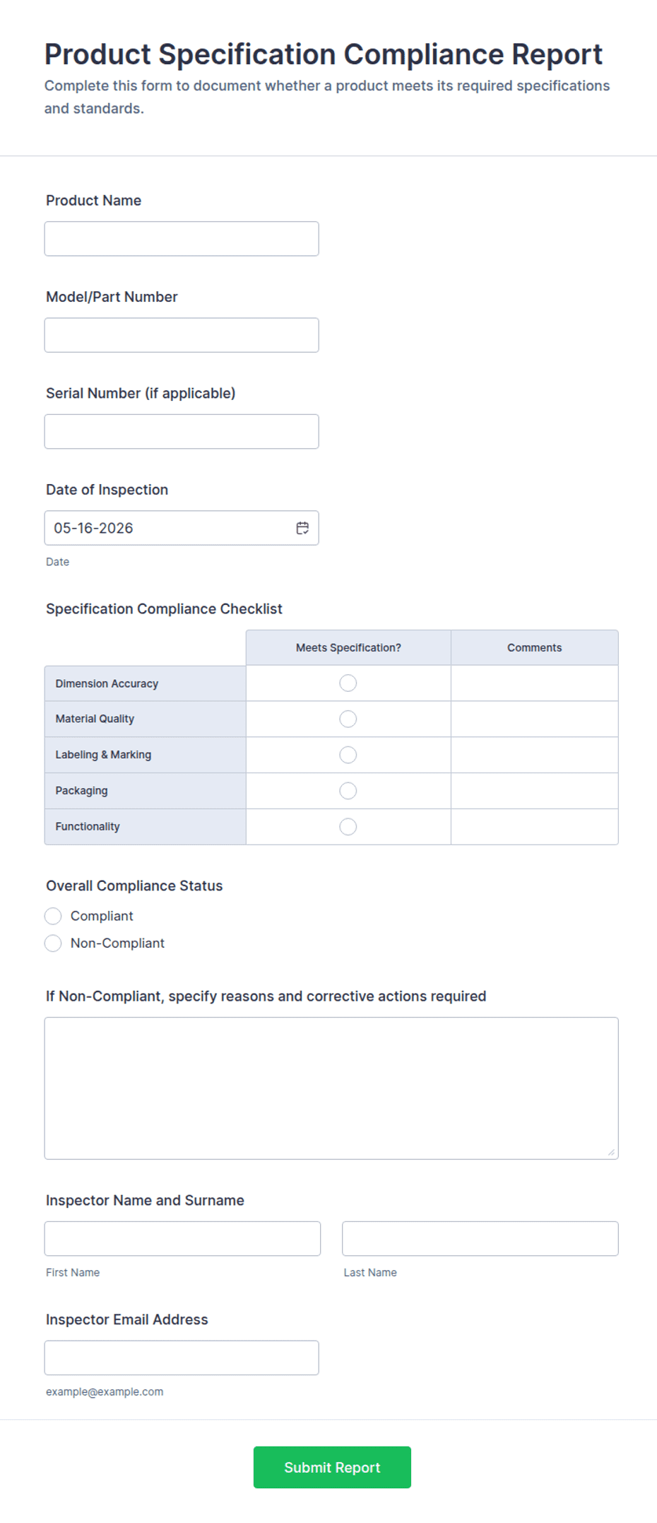 Specification Point Form Product Specification Compliance Report Form Template | Jotform