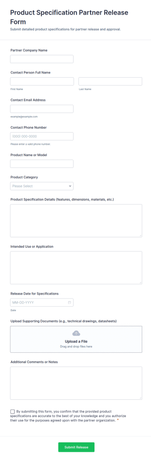 Product Specification Partner Release Form Template