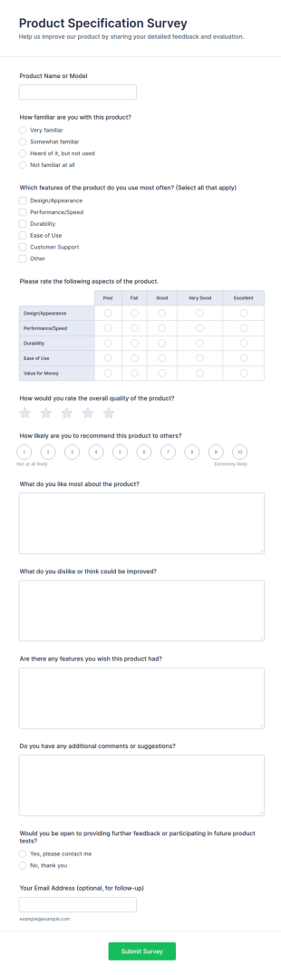 Product Specification Survey Form Template