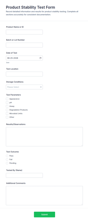Product Stability Test Form Template