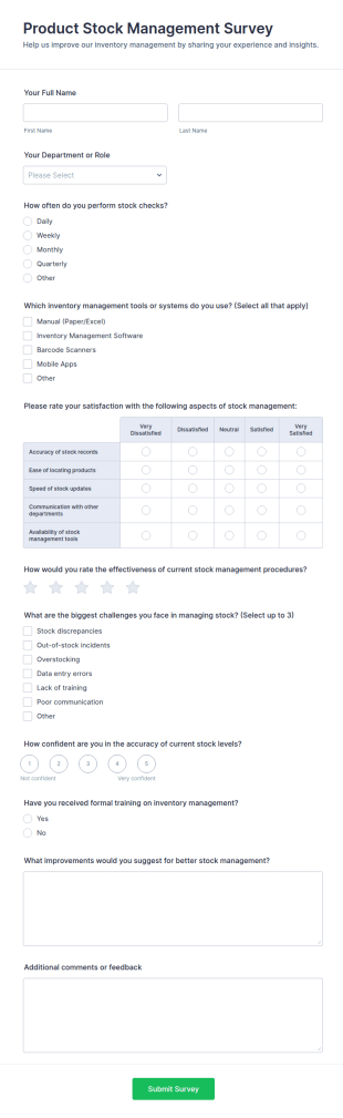 Product Stock Management Survey Form Template