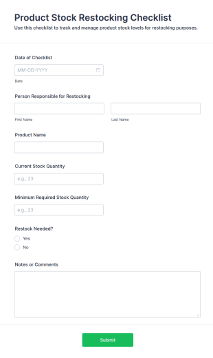 Product Stock Restocking Checklist Form Template