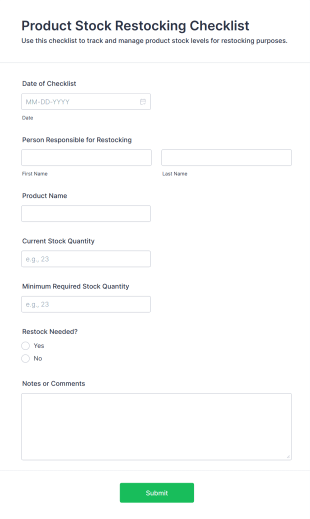 Product Stock Restocking Checklist Form Template