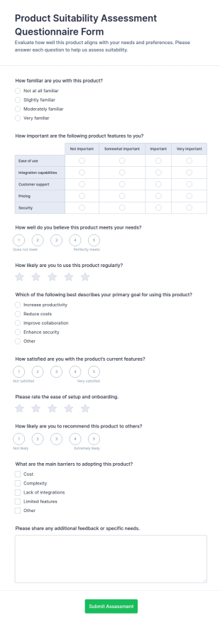 Product Suitability Assessment Questionnaire Form Template