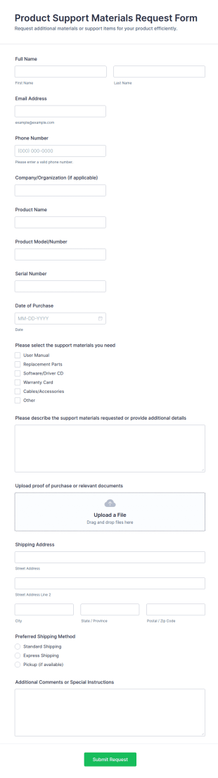 Product Support Materials Request Form Template