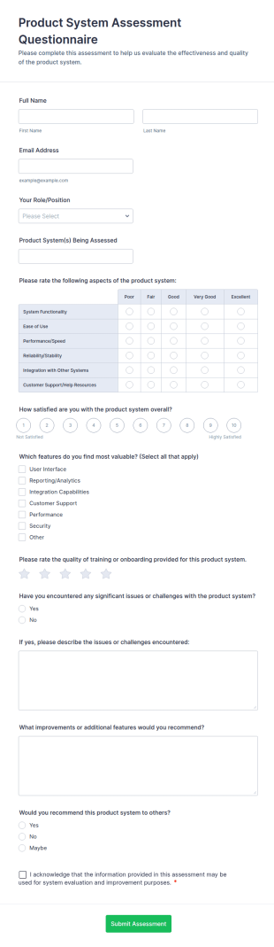 Product System Assessment Questionnaire Form Template