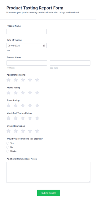 Product Tasting Report Form Template