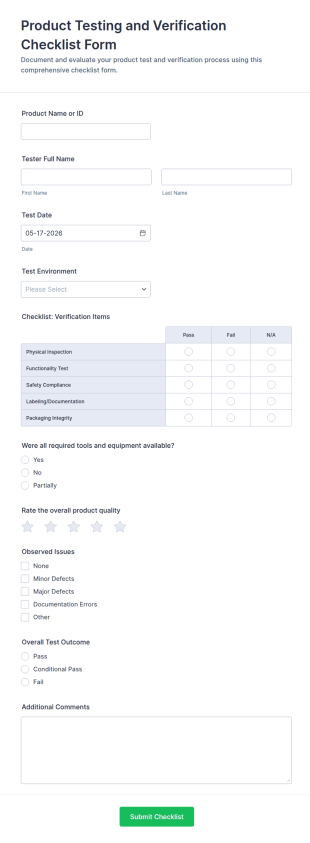Product Testing And Verification Checklist Form Template