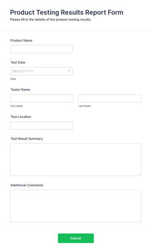 Product Testing Results Report Form Template