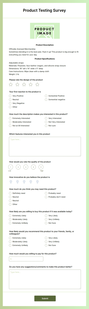 Product Testing Survey Form Template