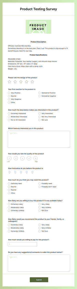 Product Testing Survey Form Template