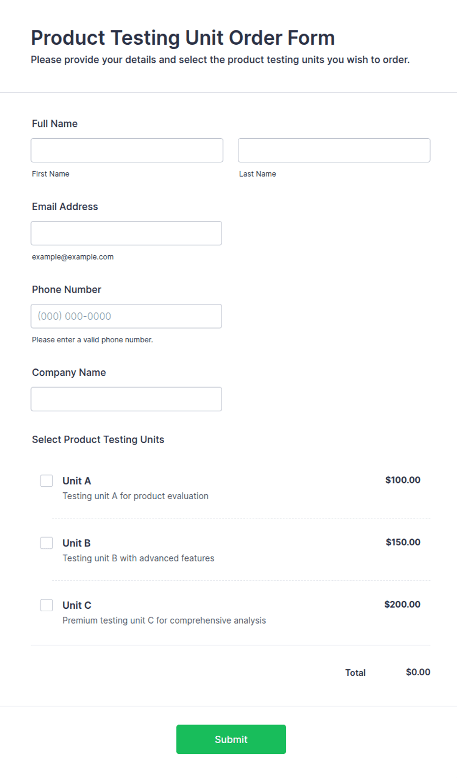 Product Testing Unit Order Form Template | Jotform