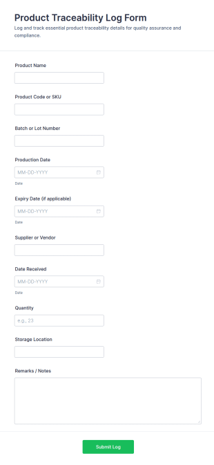 Product Traceability Log Form Template