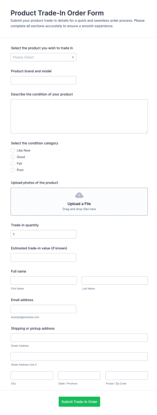 Product Trade In Order Form Template
