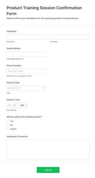 Product Training Session Confirmation Form Form Template