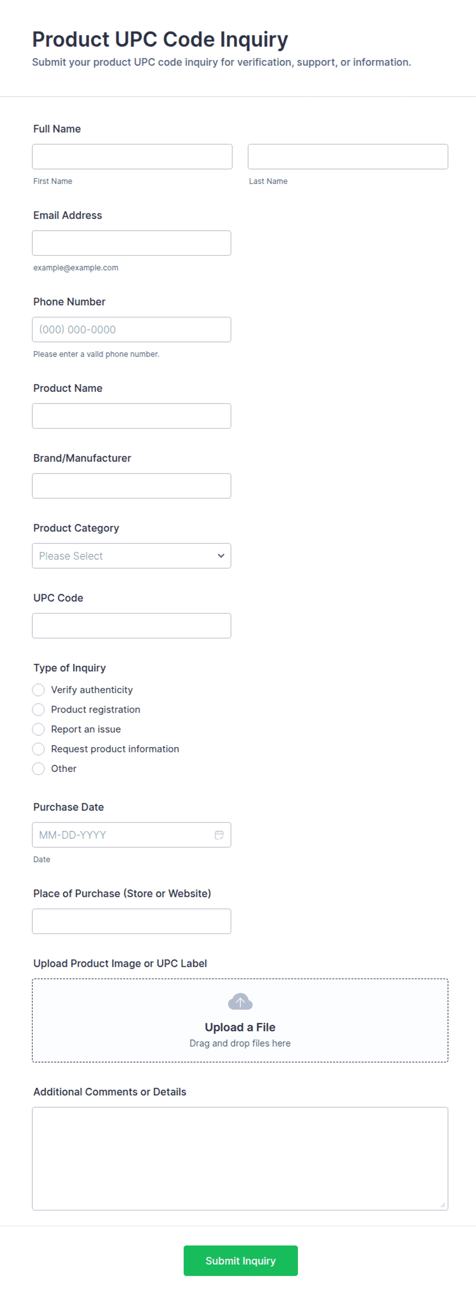 Upc Conversion Form.pdf Product UPC Code Inquiry Form Template | Jotform