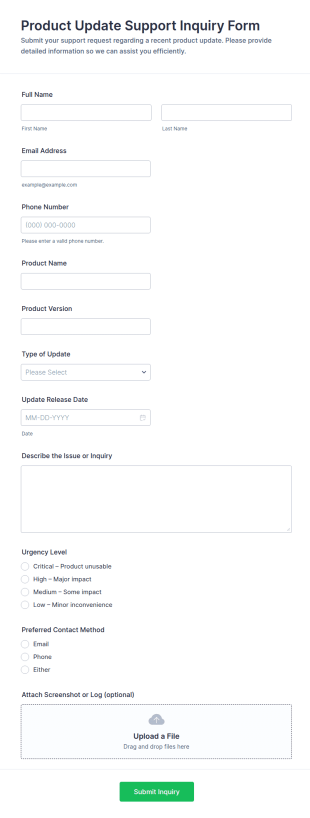 Product Update Support Inquiry Form Template