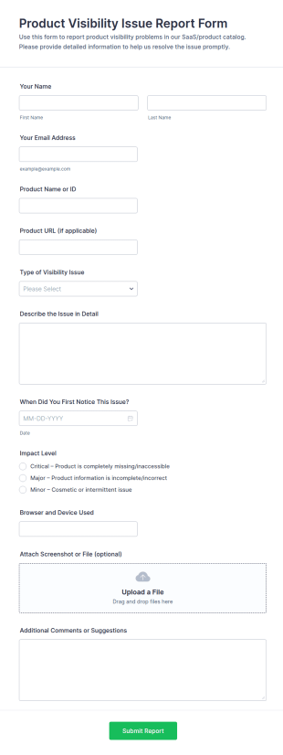 Product Visibility Issue Report Form Template
