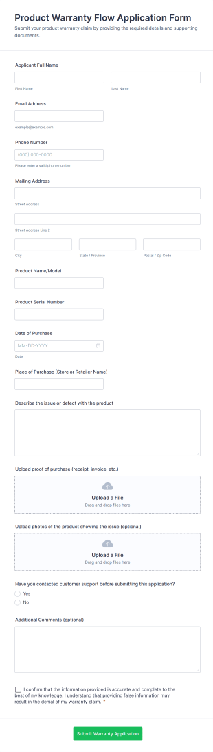 Product Warranty Flow Application Form Template