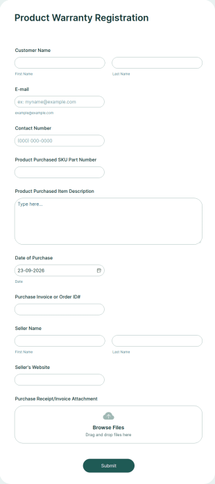 Product Warranty Registration Form Template